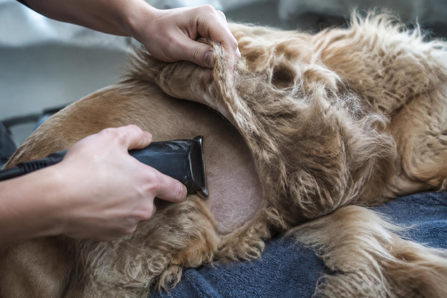 Clippers sliding underneath a felted mat on a dog's side, revealing short clean coat beneath.