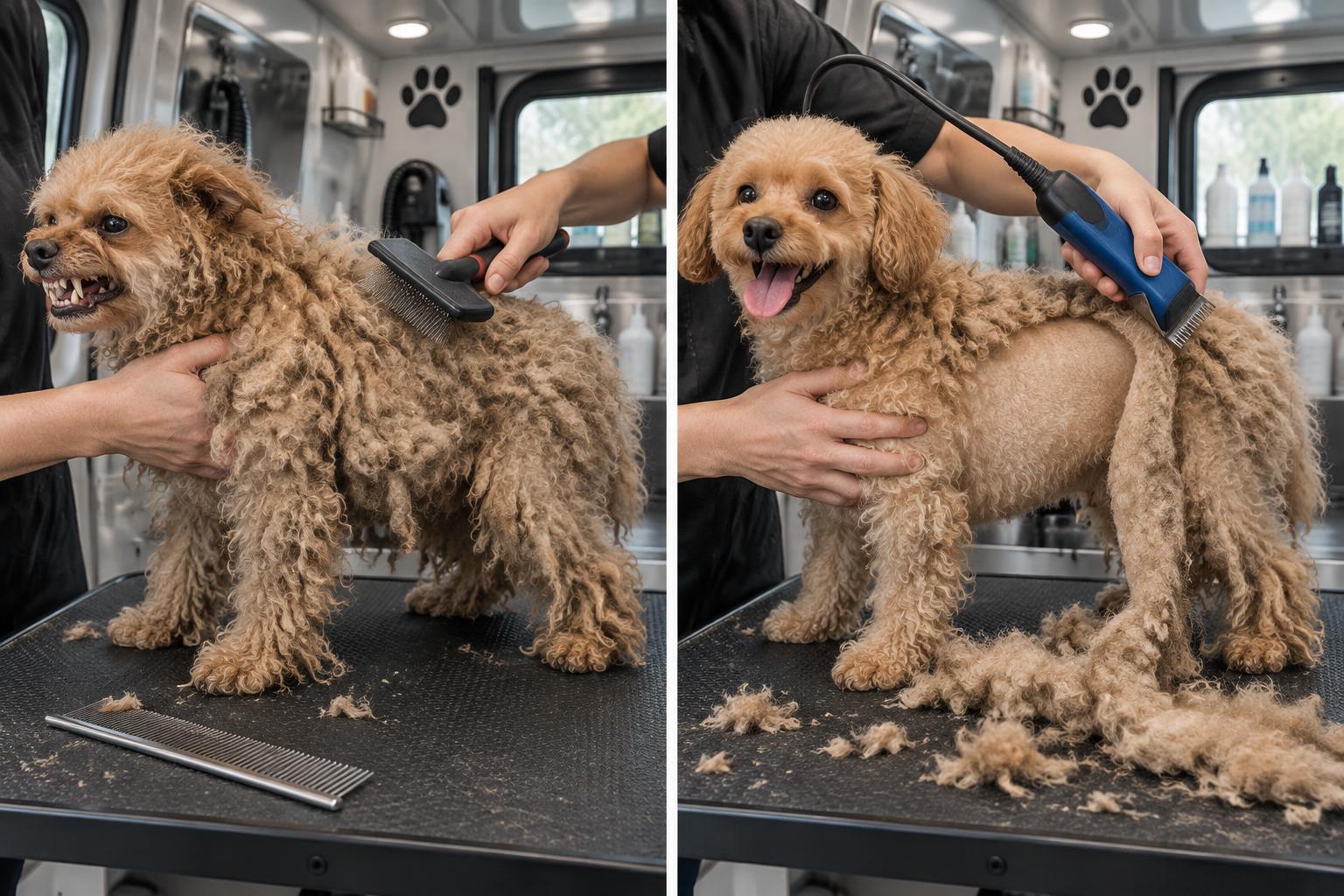 Split image: on the left, a slicker brush skates over a dense flat mat while the dog snarls and snaps in discomfort; on the right, clippers slide underneath the mat and lift it away as the dog stands calm and happy.