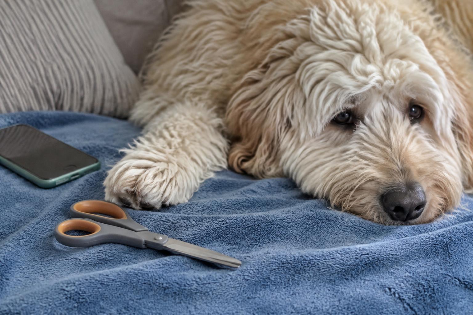 Household scissors set aside on a blue towel next to a resting matted doodle — leave tight mats to a professional.