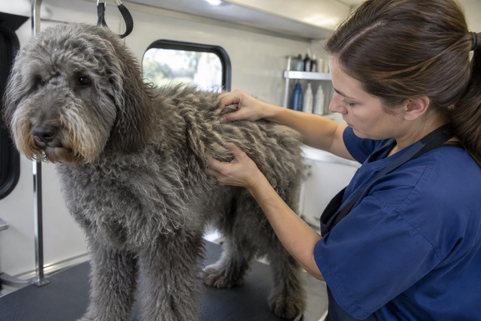 Groomer feeling along a heavily matted gray doodle's coat to judge whether the mats can be brushed out.