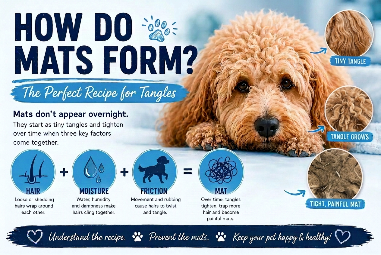 How do mats form? Educational artwork explaining how loose hair, moisture and friction turn small tangles into dense mats in a dog's coat.