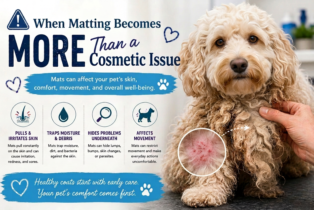 When Matting Becomes More Than a Cosmetic Issue: educational artwork showing how a matted dog coat can affect skin, moisture, comfort, and movement.