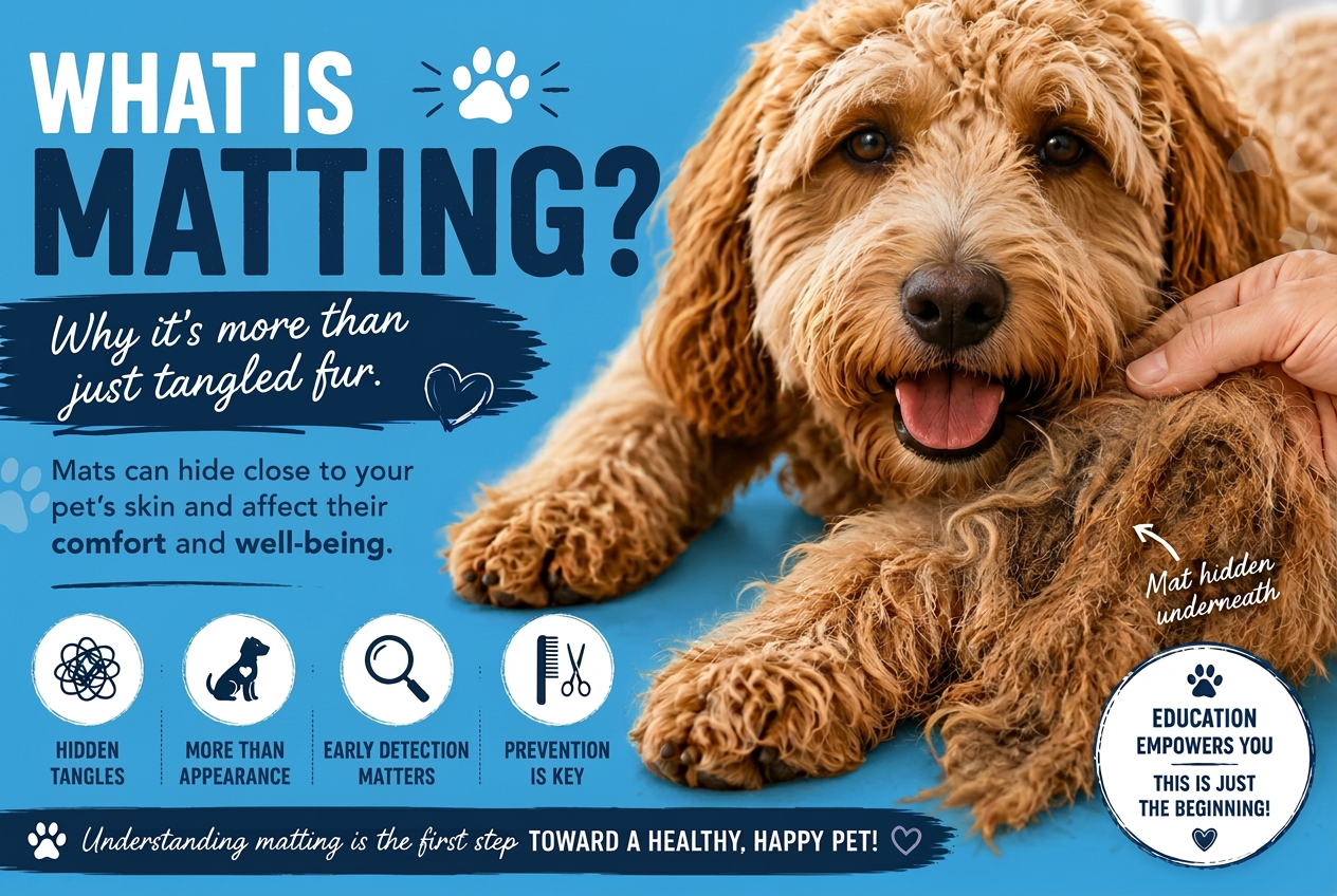 What is matting? Educational artwork explaining how tangled, compacted fur forms mats in a pet's coat.
